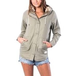 Rip Curl Sherpa Lined Military Jacket Hooded Button Up Coat Olive Green